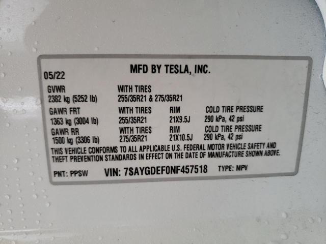 7SAYGDEF0NF457518 - 2022 TESLA MODEL Y أبيض صورة 10
