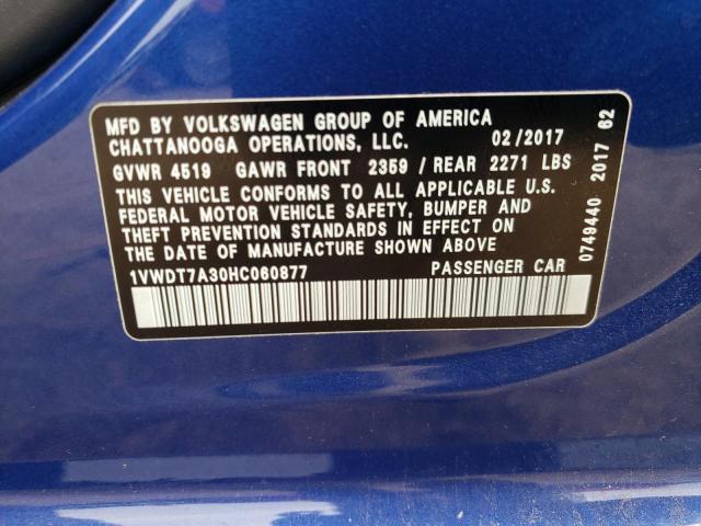 1VWDT7A30HC060877 - 2017 VOLKSWAGEN PASSAT R-L BLUE photo 10