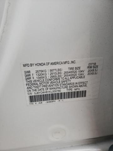 5J8YD4H81KL000780 - 2019 ACURA MDX ADVANC WHITE photo 10