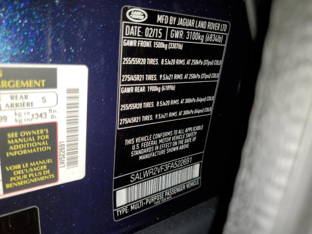 SALWR2VF3FA522691 - 2015 LAND ROVER RANGE ROVE BLUE photo 10