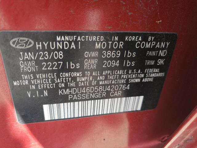 KMHDU46D58U420764 - 2008 HYUNDAI ELANTRA RED photo 10