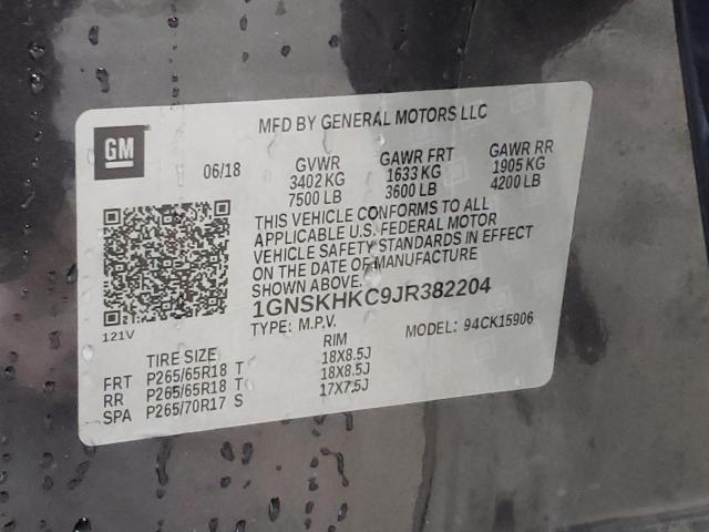 1GNSKHKC9JR382204 - 2018 CHEVROLET SUBURBAN K GRAY photo 10