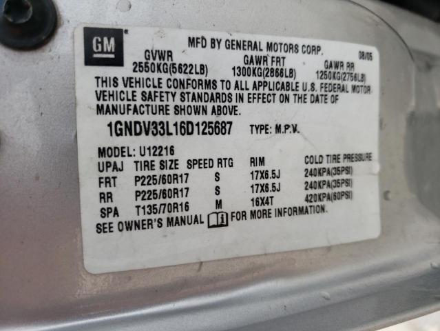 1GNDV33L16D125687 - 2006 CHEVROLET UPLANDER L Gümüş foto 10