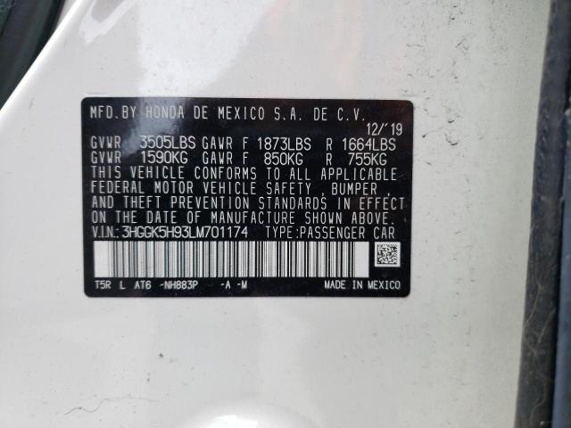 3HGGK5H93LM701174 - 2020 HONDA FIT EXL WHITE photo 10