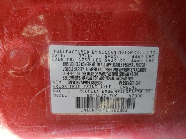 3N1CN7AP9EL860303 - 2014 NISSAN VERSA S RED photo 10