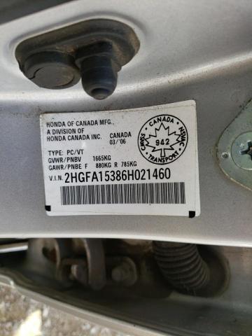 2HGFA15386H021460 - 2006 HONDA CIVIC DX SILVER photo 10