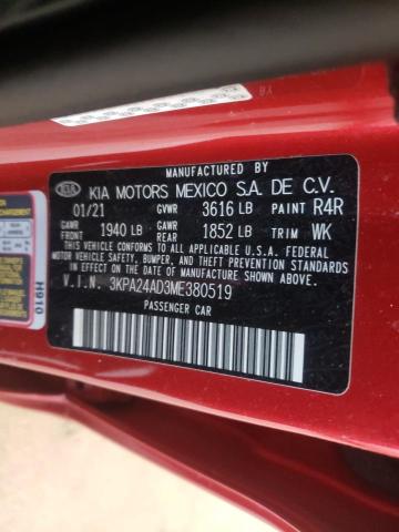 3KPA24AD3ME380519 - 2021 KIA RIO LX RED photo 10