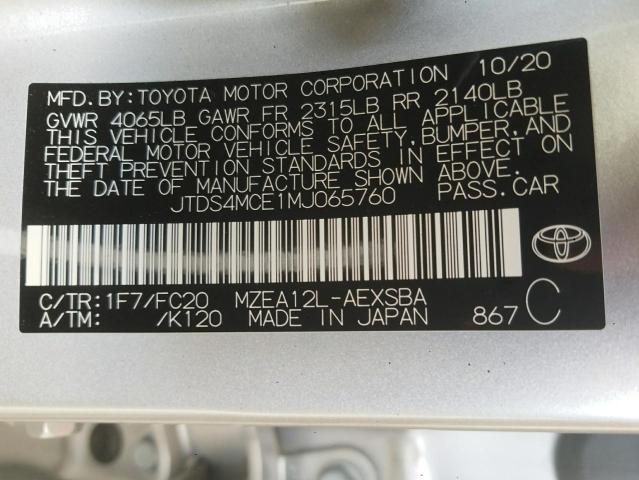 JTDS4MCE1MJ065760 - 2021 TOYOTA COROLLA SE SILVER photo 10