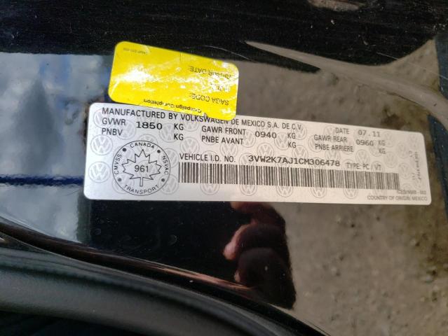 3VW2K7AJ1CM306478 - 2012 VOLKSWAGEN JETTA BASE BLACK photo 10