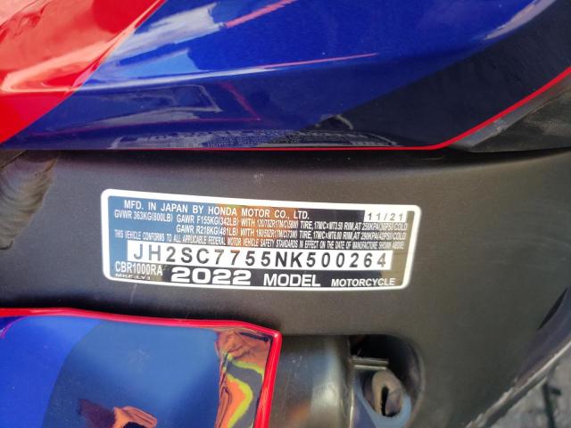 JH2SC7755NK500264 - 2022 HONDA CBR1000 RA TWO TONE photo 10