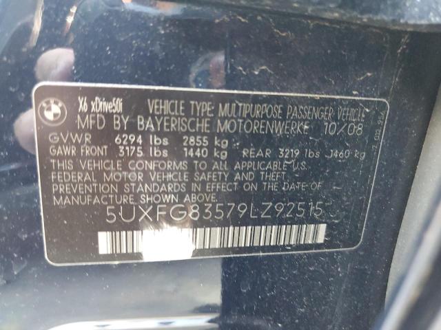 5UXFG83579LZ92515 - 2009 BMW X6 BLUE photo 10