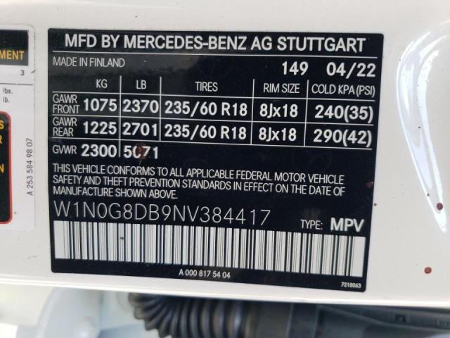 W1N0G8DB9NV384417 - 2022 MERCEDES-BENZ GLC 300 WHITE photo 10