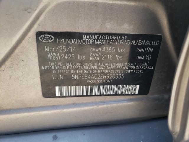 5NPEB4AC2EH920335 - 2014 HYUNDAI SONATA GLS BEIGE photo 10