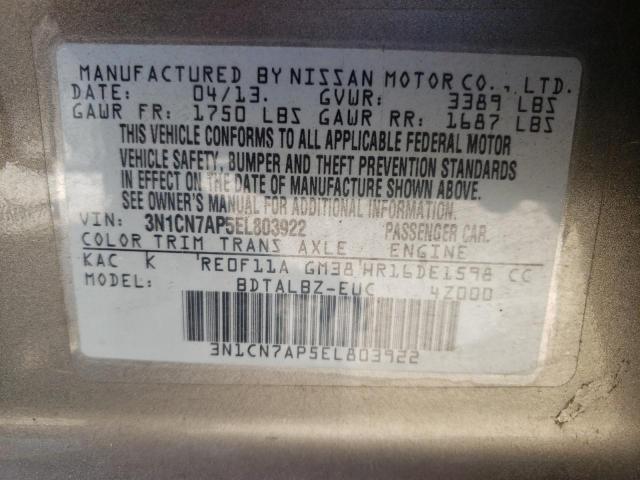 3N1CN7AP5EL803922 - 2014 NISSAN VERSA S GRAY photo 10