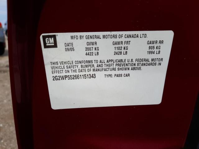2G2WP552661151343 - 2006 PONTIAC GRAND PRIX Қызыл фото 10