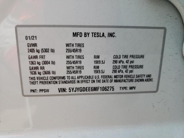 5YJYGDEE6MF106275 - 2021 TESLA MODEL Y WHITE photo 10