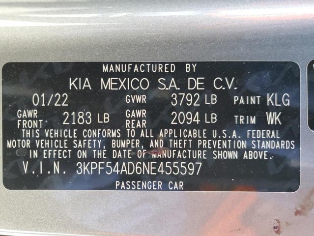 3KPF54AD6NE455597 - 2022 KIA FORTE GT LINE  photo 10