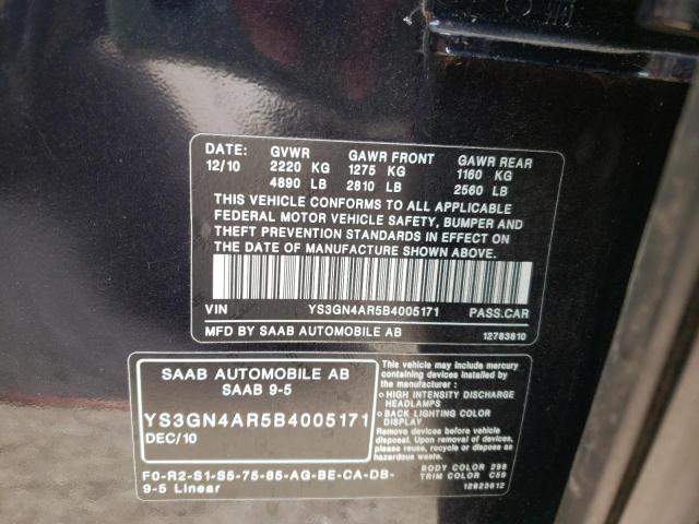 YS3GN4AR5B4005171 - 2011 SAAB 9-5 TURBO BLACK photo 10