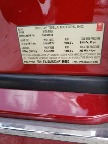 5YJSA1E12HF189650 - 2017 TESLA MODEL S წითელი ფოტო 10
