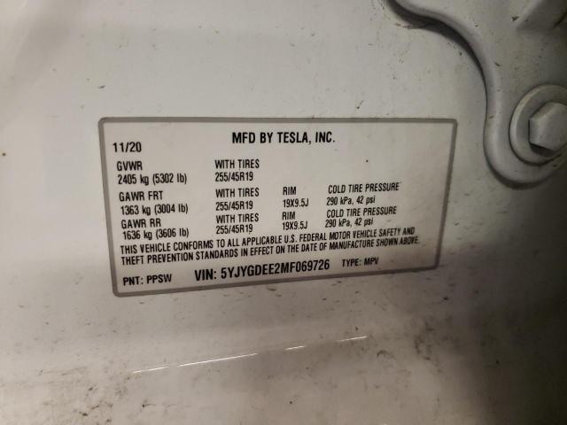 5YJYGDEE2MF069726 - 2021 TESLA MODEL Y Blanc photo 10
