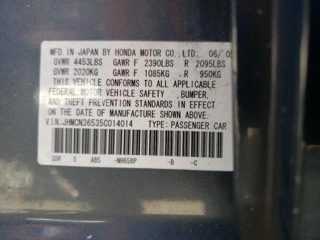 JHMCN36535C014014 - 2005 HONDA ACCORD HYB GRAY photo 10