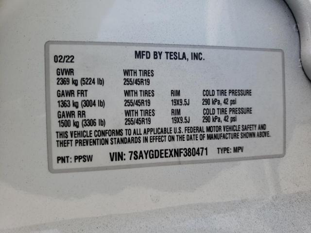 7SAYGDEEXNF380471 - 2022 TESLA MODEL Y WHITE photo 10