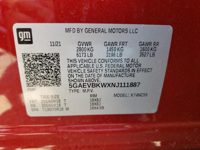 5GAEVBKWXNJ111887 - 2022 BUICK ENCLAVE PR RED photo 10