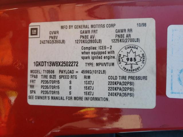 1GKDT13W8X2502272 - 1999 GMC JIMMY RED photo 10