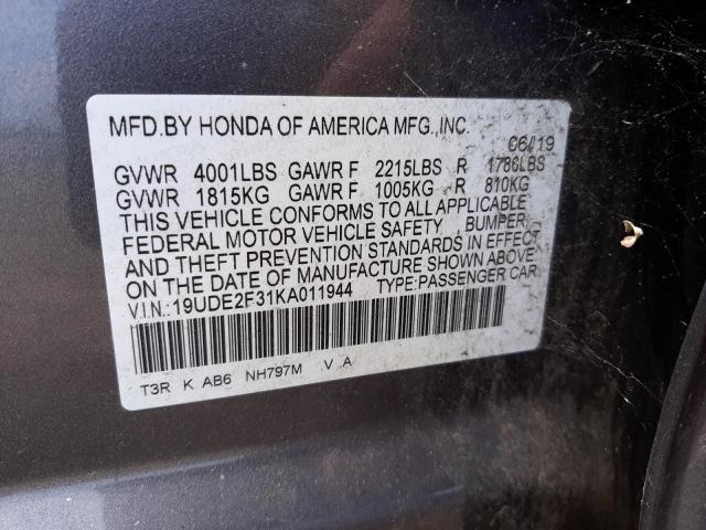 19UDE2F31KA011944 - 2019 ACURA ILX GRAY photo 10