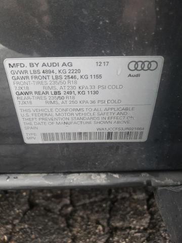 WA1JCCFS3JR021664 - 2018 AUDI Q3 PREMIUM GRAY photo 10