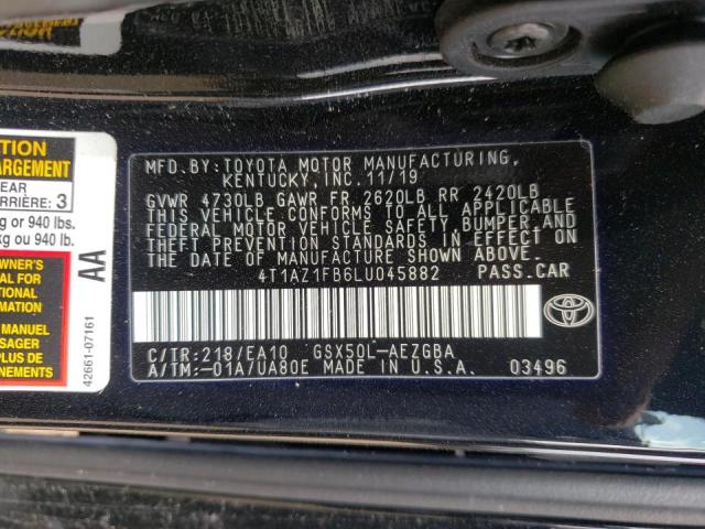 4T1AZ1FB6LU045882 - 2020 TOYOTA AVALON XLE BLACK photo 10