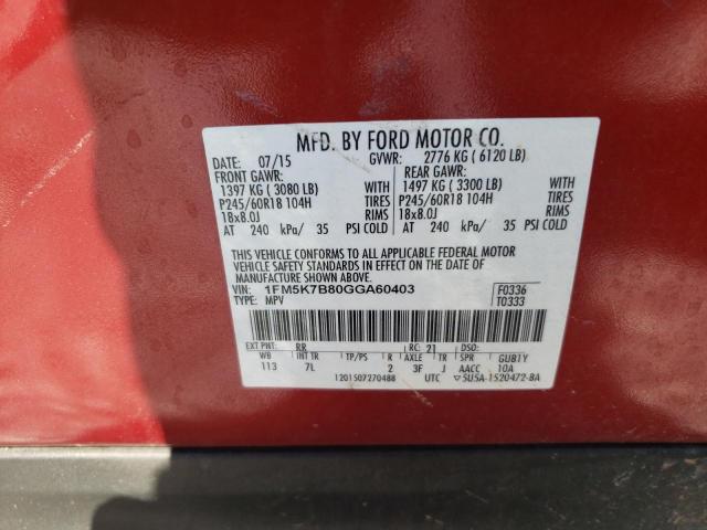 1FM5K7B80GGA60403 - 2016 FORD EXPLORER RED photo 10