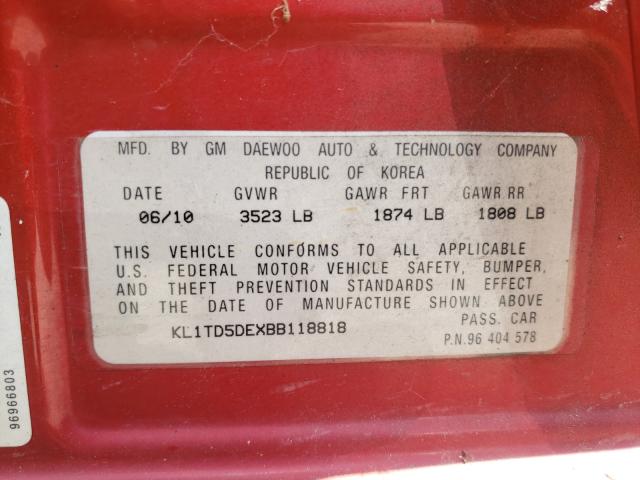 KL1TD5DEXBB118818 - 2011 CHEVROLET AVEO LS 红色 照片 10