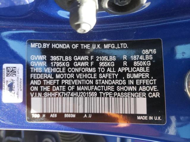 SHHFK7H74HU201569 - 2017 HONDA CIVIC EXL Mavi foto 10