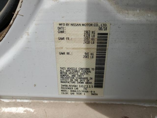 1N4BL4EV6KC102115 - 2019 NISSAN ALTIMA SL WHITE photo 10