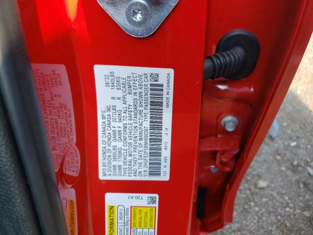 2HGFE2F5XNH590397 - 2022 HONDA CIVIC SPOR RED photo 10