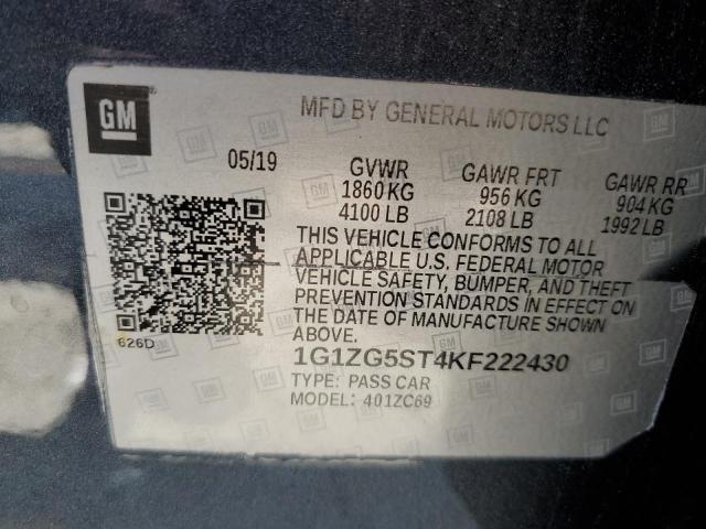 1G1ZG5ST4KF222430 - 2019 CHEVROLET MALIBU RS CHARCOAL photo 10