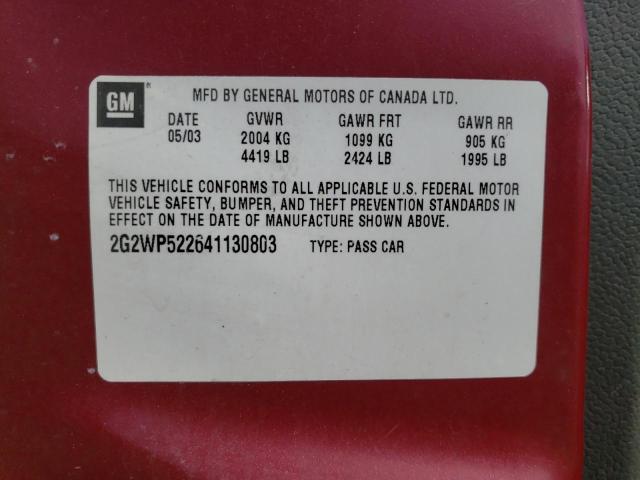 2G2WP522641130803 - 2004 PONTIAC GRAND PRIX MAROON photo 10