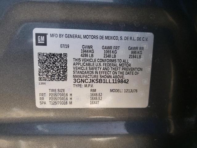 3GNCJKSB1LL119842 - 2020 CHEVROLET TRAX LS CHARCOAL photo 10