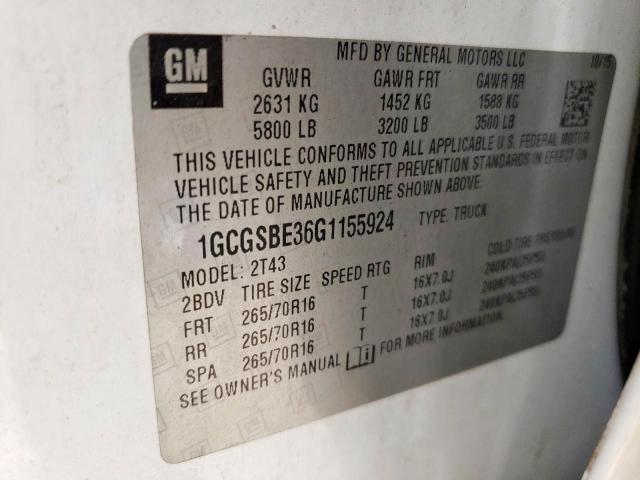 1GCGSBE36G1155924 - 2016 CHEVROLET COLORADO WHITE photo 10