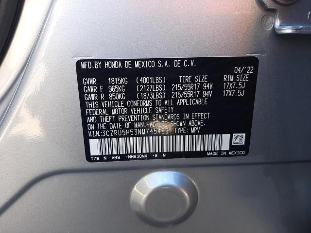 3CZRU5H53NM745459 - 2022 HONDA HR-V EX SILVER photo 10