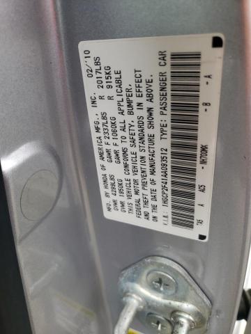 1HGCP2F41AA093512 - 2010 HONDA ACCORD LXP SILVER photo 10