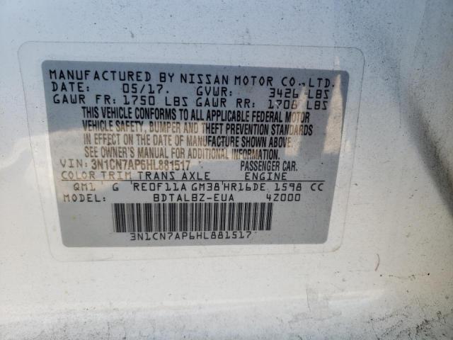 3N1CN7AP6HL881517 - 2017 NISSAN VERSA S WHITE photo 10