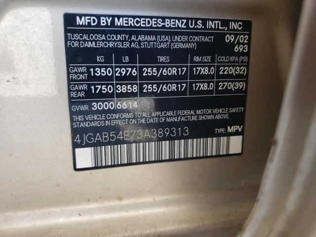 4JGAB54E73A389313 - 2003 MERCEDES-BENZ ML 320 CREAM photo 10