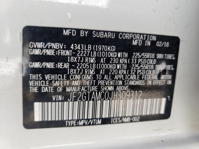 JF2GTAMC0JH309312 - 2018 SUBARU CROSSTREK WHITE photo 10