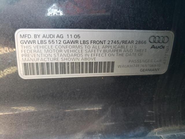 WAUKH74F16N108810 - 2006 AUDI A6 AVANT Q GRAY photo 10