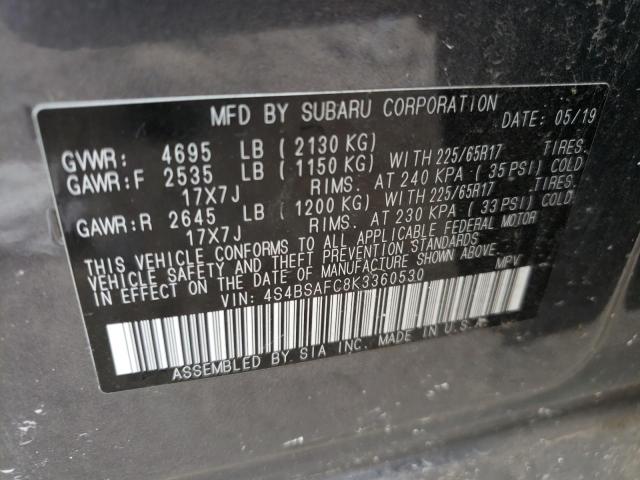 4S4BSAFC8K3360530 - 2019 SUBARU OUTBACK 2.5I PREMIUM  photo 10