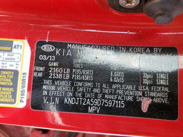 KNDJT2A59D7597115 - 2013 KIA SOUL RED photo 10