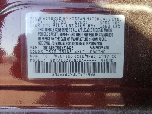 3N1AB8CV0LY274428 - 2020 NISSAN SENTRA SV BURGUNDY photo 10