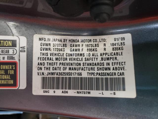 JHMFA36259S017166 - 2009 HONDA CIVIC HYBR GRAY photo 10